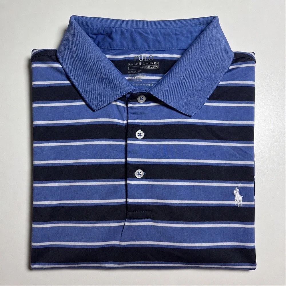 Polo Ralph Lauren Performance Polo Mens XXL Blue Striped Classic Fit Shirt